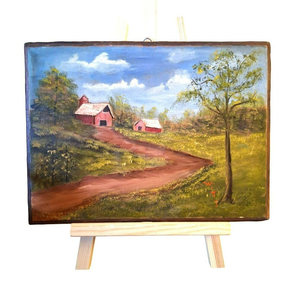 Original Landscape Painting Rustic Barns Trees On Wood Panel Signed Witt